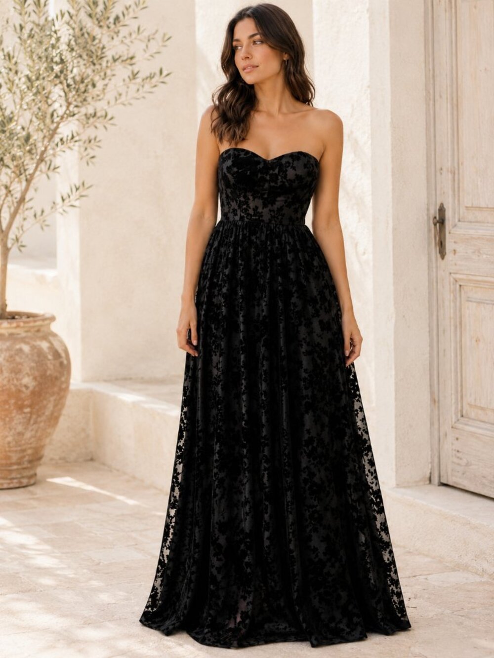 Gypsy Junkies Dress Black Velvet Burnout Floral Strapless Maxi Gothic Formal